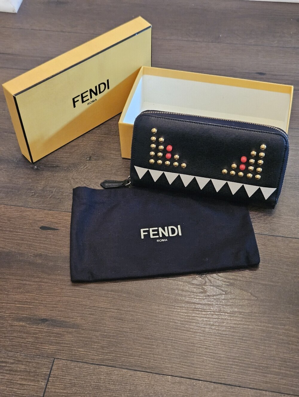 FENDI Long Black Zip-Around Monster Wallet + Branded Dusty & Hard Box Full Set
